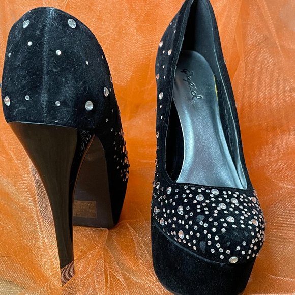 Rhinestone Black Suede Platforms - Picture 2 of 4